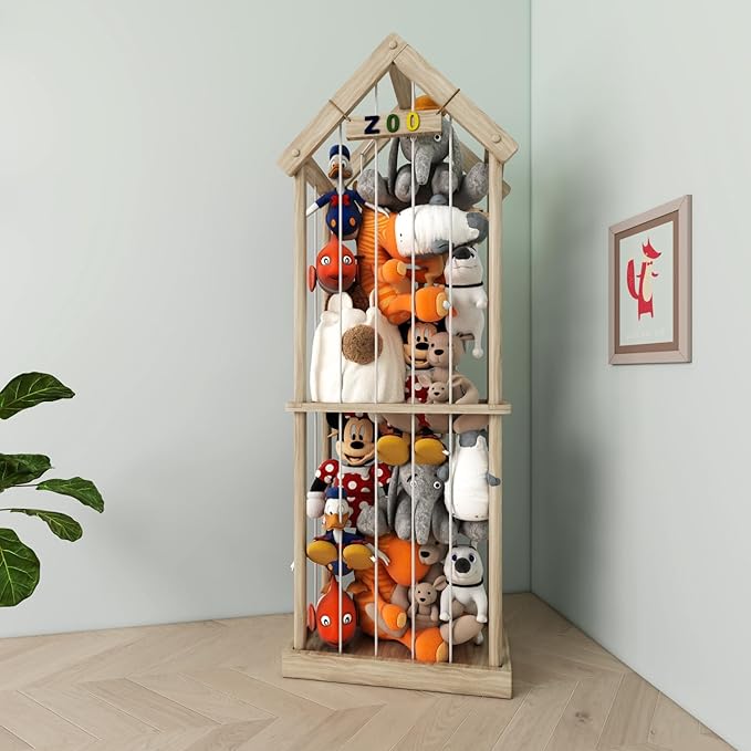 Stuffed Animal Storage Stuffed Animal Zoo Wood Soft Toy Organizer Plush Toy Holder Nursery Room Organizer Zoo Cage Stuffed Animal Holder with Zoo Pattern Gift for Nursery Playroom