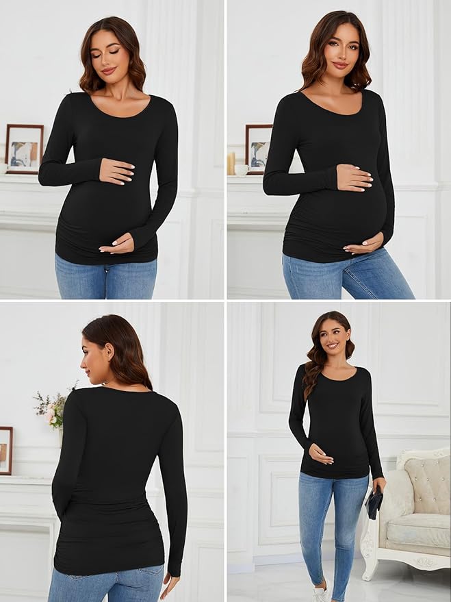 Ecavus Women's Maternity Shirts Long Sleeve Soft Stretchy Pregnancy Tops Side Ruched Casual Mama Clothes