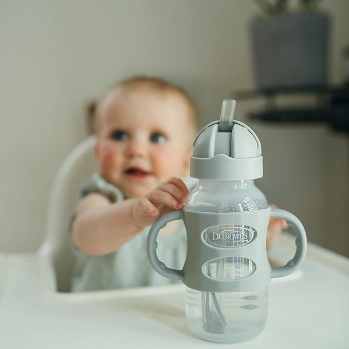 Dr. Brown's Milestones Wide-Neck Sippy Straw Bottle with 100% Silicone Handles and Weighted Straw, 9 oz/270 mL, Gray & Blue, 6m+ (Pack of 6)