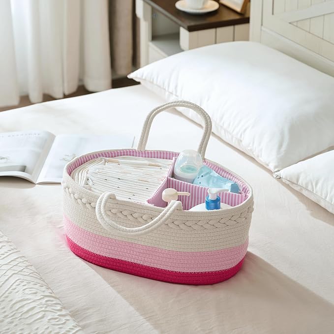 Baby Diaper Caddy Organizer, Extra Large Cotton Rope Nursery Diaper Basket, Changing Table Organizer, Portable Tote Bag with Divider, Car Storage, Baby Shower Gifts for Newborn Girls - Pink