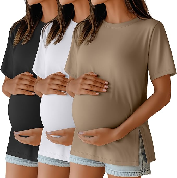 Ficerd 3 Pack Women's Maternity T Shirts, Short Sleeve Side Split Pregnancy Tops Casual Crew Neck Pregnant Tees Mama Clothes