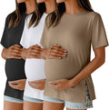 Ficerd 3 Pack Women's Maternity T Shirts, Short Sleeve Side Split Pregnancy Tops Casual Crew Neck Pregnant Tees Mama Clothes