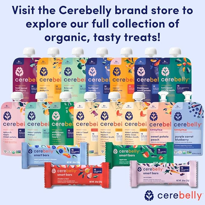 Cerebelly Organic Baby Food Pouches, Broccoli Pear Purees, 16 Nutrients, No Added Sugar, Fiber & Non-GMO, 4oz, 6 Pack