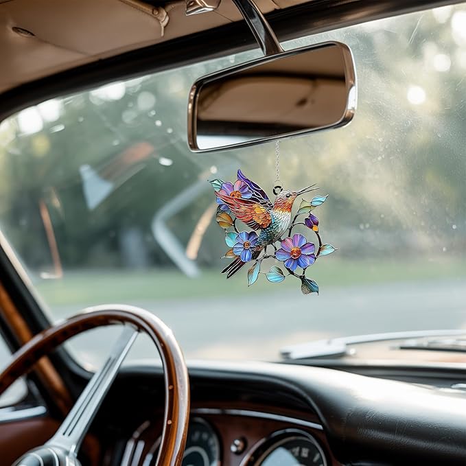 Colorful Hummingbird Acrylic Suncatcher Stained Glass Effect Window Car Hanging Christmas Ornament Indoor Outdoor Decor Garden Sun Catcher Panel for Bird Lover for Women Mom Grandma
