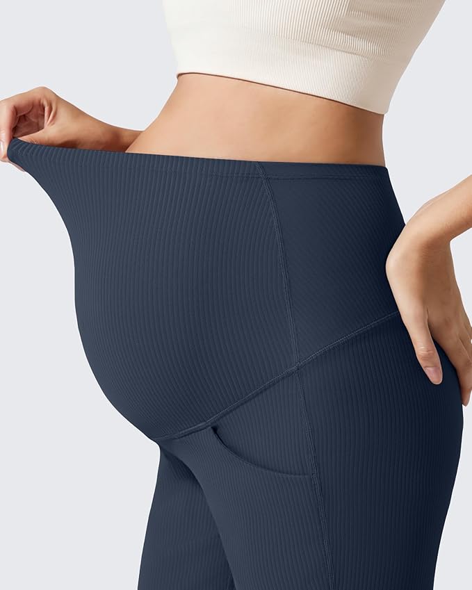 G4Free Ribbed Maternity Flare Yoga Pants with Pockets Over The Belly Pregnancy Bell Bottom Leggings