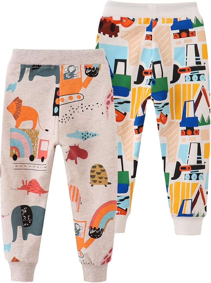 HUAER& Baby Boy's Jogger Pants Dinosaur Car Animal Print Drawstring Elastic Sweatpants 2-Pack