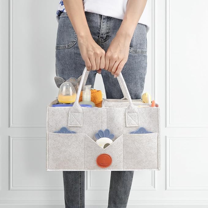 Maliton Baby Diaper Caddy, Car Organizer with Handle, Felt Diaper Caddy for Baby Boy Girl, Changing Table Organizer for Baby Stuff, 16" x 10" x 7" Baby Organizer for Nursery (White)