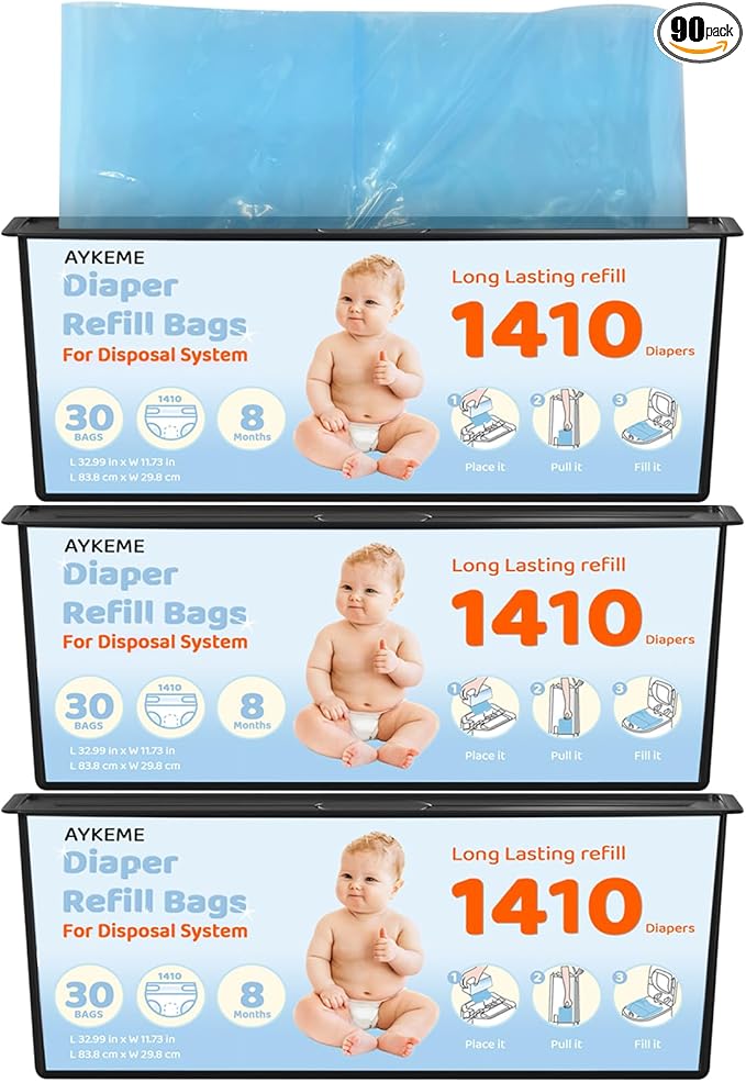 90 Bags Diaper Pail Refills Bags Compatible with Genie Easy Roll Signature & Platium Diaper Pails | 7-Layer OdorLock Technology | Up to 10 Months Use,3 Pack