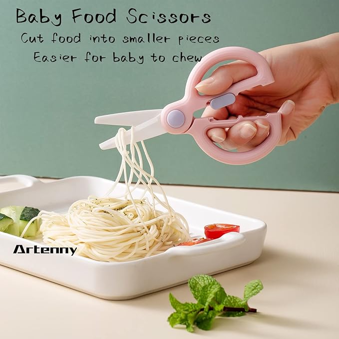 Baby Food Scissors with Travel Case, Ceramic Food Scissors Kids, Toddler Scissor with Safety Lock, Ideal for Pizza, Meats, Noodles, Vegetables, and Fruits (C)