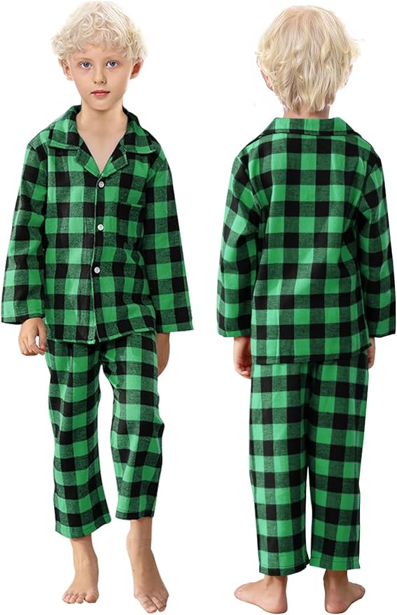Schbbbta Kids Pajamas Set, Plaid Button Down Pjs for Girls & Boys, 9 Months - 14 Years