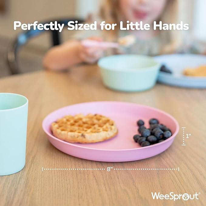 WeeSprout Bamboo Plates, Set of 4, Kid-Sized Dinnerware, Dishwasher Safe Melamine Dishware (Pink, Green, Gray, & Beige, Without Lids)