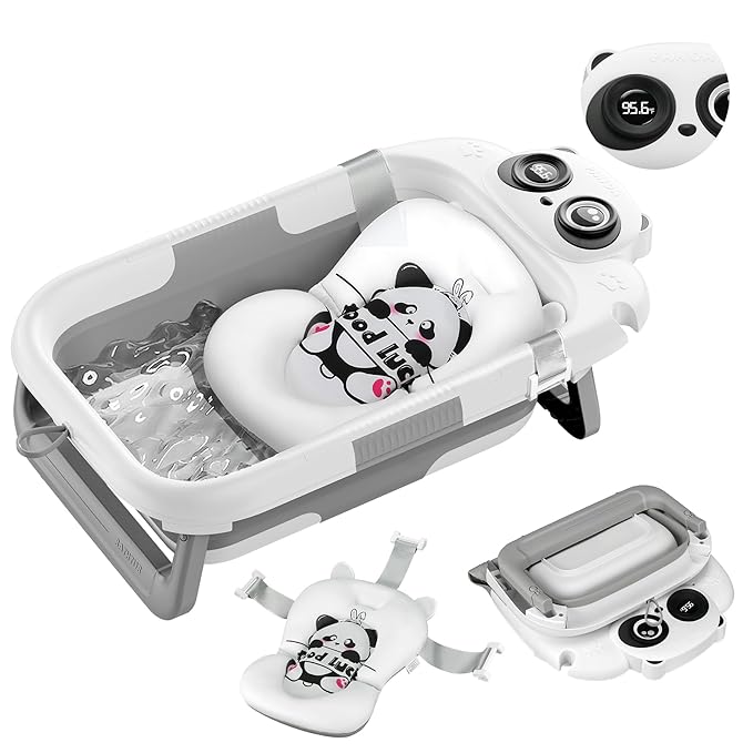 Collapsible Baby Bathtub for Newborn, Baby Bath Tub with Thermometer & Soft Floating Cushion & Drain Hole for Infant to Toddler, Portable Travel Bathtub with No-Slip Feet for 0-36 Months-Gray