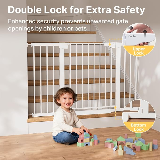 Cumbor 29.7"–51.5" Extra Wide Baby Gate for Stairs, Pressure-Mounted Dog Gates for Doorways & Hallways, Auto-Close Walk-Through, No-Trip Design, Child Proof Safety, Dog/Pet Gate for Indoor Use, White