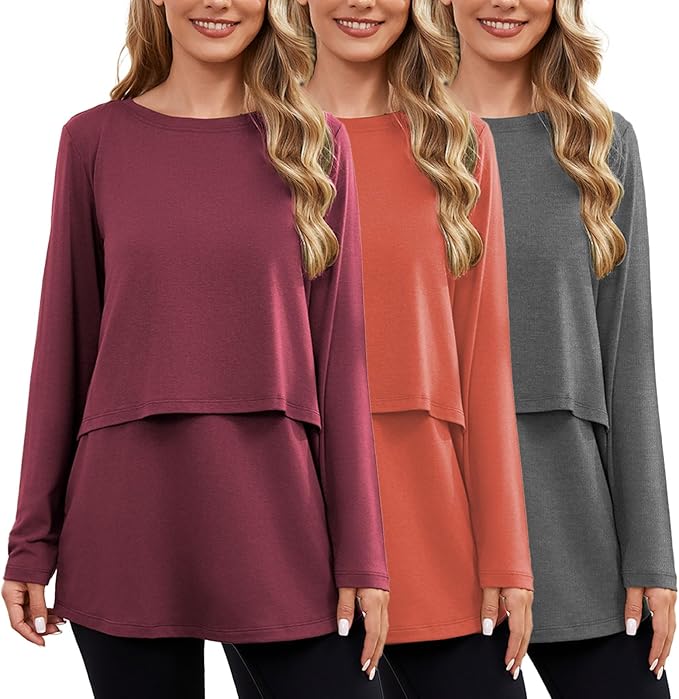 Ecavus Women's 3Pack Maternity Nursing Shirts Long Sleeve Double Layer Breastfeeding Shirts Comfy Pregnancy Clothes