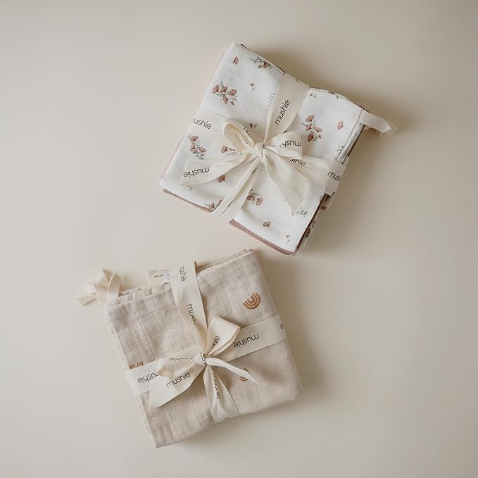 mushie Muslin Organic Cotton Washcloths 5-Pack (Pink Flowers Combo) | Soft Wipes for Baby Cleanups and Bathing