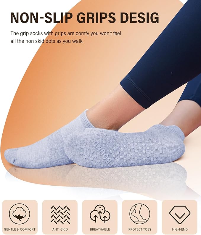 DIBAOLONG Pilates Socks with Grips for Women Yoga Socks Non Slip Barre Hospital Socks 6-Pairs Grippy Ankle Socks