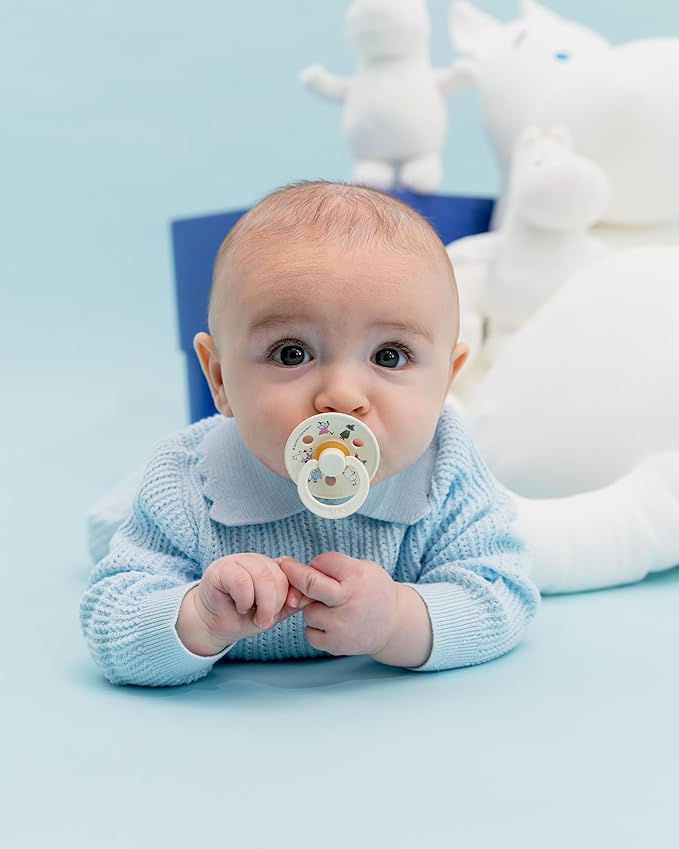 BIBS Colour Moomins Pacifier 2-Pack, BPA Free Pacifier, Round Nipple. Natural Rubber Latex, Made in Denmark, Size 1 (0-6 Months), Nordic Mint/Pale Butter