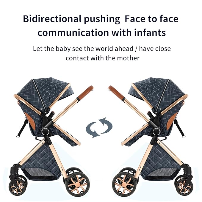 2 in 1 Baby Stroller with Bassinet Mode, Reversible Infant Pram, One-Click Folding, Newborn Travel Stroller, Convertible Toddler Standard Pram Carriage (X2US-Blue)