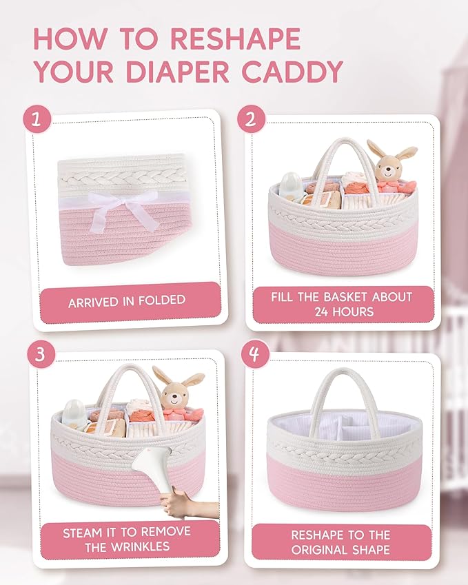 Maliton Diaper Caddy for Baby Girl-Cotton Rope Diaper Caddy, Diaper Organizer for Changing Table, Portable Baby Basket for Storage Baby Stuff, Newborn Registry Must Have Items
