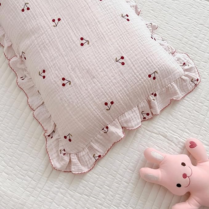 BuLuTu Cotton Muslin Ruffle Edge Kids Toddler Pillowcase Standard,Cherry Pattern Soft Travel Pillow Nursery Pillowcase for Boys,Girls,Bedding Decor Machine Washable, Durable Pillowcase 1 Piece