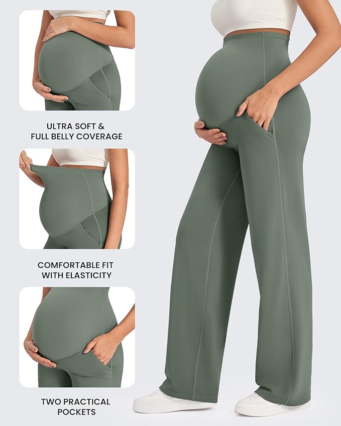G4Free Maternity Pants Over The Belly Yoga Dress Work Pregnancy Pants Stretchy Lounge Wide Leg Trousers with Pockets