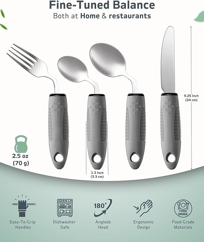 4-Piece Adaptive Utensils Set - 42° Angled Parkinsons Utensils, 2.5 oz Weighted Utensils for Hand Tremors and Parkinsons Patients, Weighted Silverware for Hand Tremors (Grey: Right-Handed)