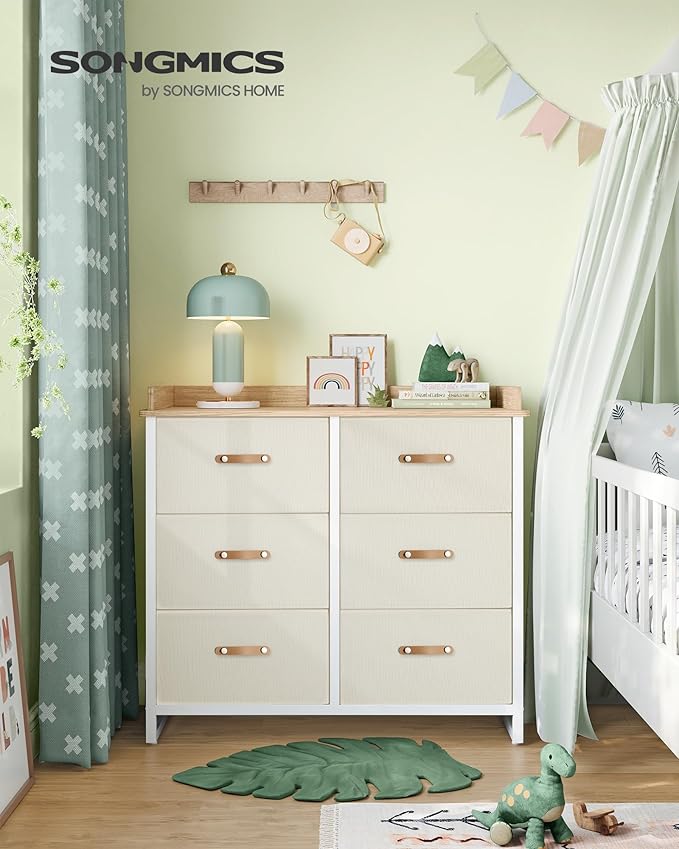 SONGMICS Kids Dresser with 6 Drawers, Boys Girls Dresser, with Water-Resistant Tabletop, Storage Organizer Cabinet, for Bedroom Hallway, Beige UGKR101K01