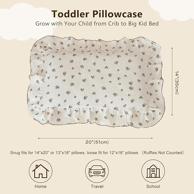BuLuTu Crib Size Toddler Pillowcase 1 pc, 14"x20", Oeko-TEX Certified 100% Cotton Gauze Pillow Cases for Girls Boys Sensitive Skin, Pansy Floral Print with Dots Pillow Cover, Soft Breathable