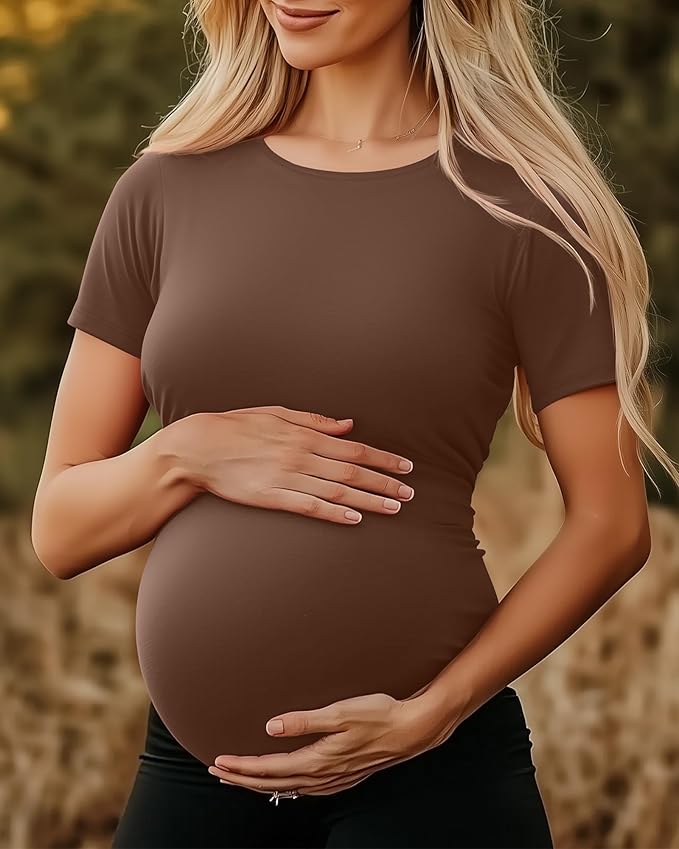 Huukeay 4 Pack Women's Maternity Shirts, Crew Neck Maternity Top Short Sleeve Casual Cotton Tee Side Ruched Pregnancy Clothes