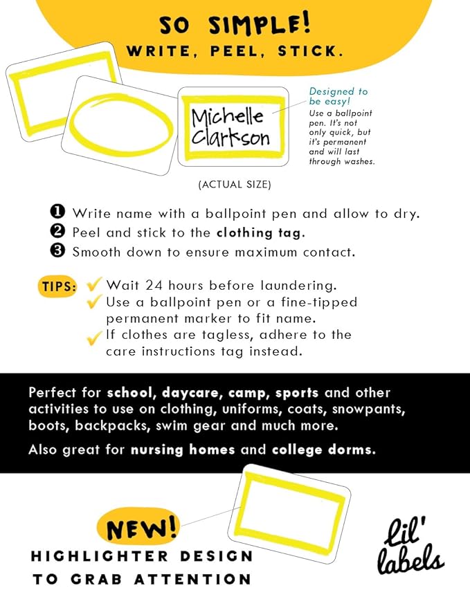 Lil' Labels Daycare Value Pack Bottle and Clothing Labels, Waterproof, Highlighter