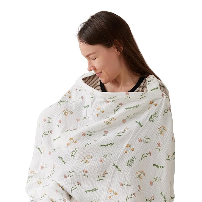 TILLYOU Muslin Nursing Cover for Baby Breastfeeding, 100% Cotton Breathable with Arch Neckline for Women, Daisy