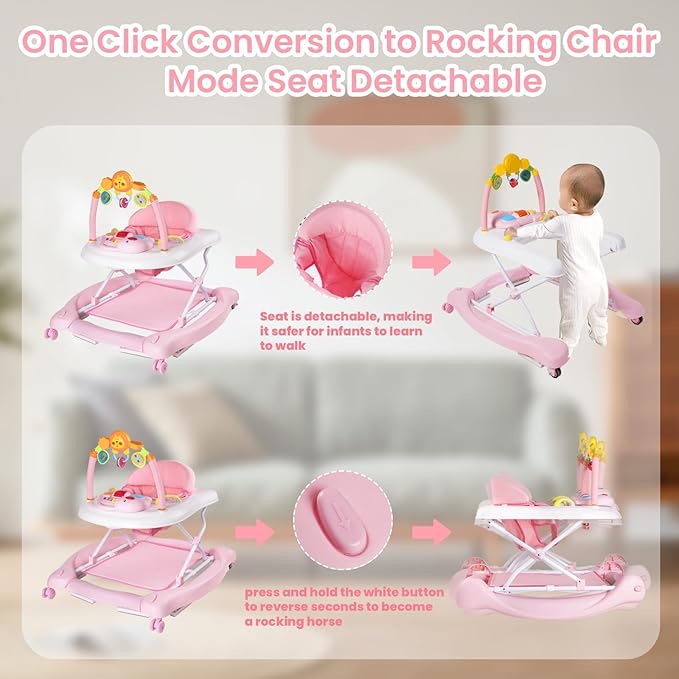 5-in-1 Baby Walker, Baby Walkers for Boys Girls 6-12 Months, Foldable Activity Walker, Toddler Infant Walker with Bouncer, Adjustable Height, Removable Footrest, Feeding Tray, Music