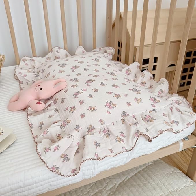 BuLuTu Chic Floral Themed Toddler Pillowcases with Ruffles, 100% Cotton Muslin Pillow Cases Crib Size Pillow Cover with Tuberose Flower Print, 14"x20", Children Bedding Gift
