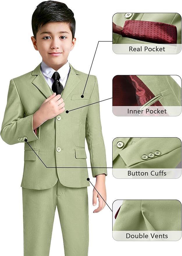 YuanLu Boys Suit for Kids Tuxedo Wedding Ring Bearer Outfit, 5 Piece Boy Slim Fit Formal Suits with Adjustable Waist