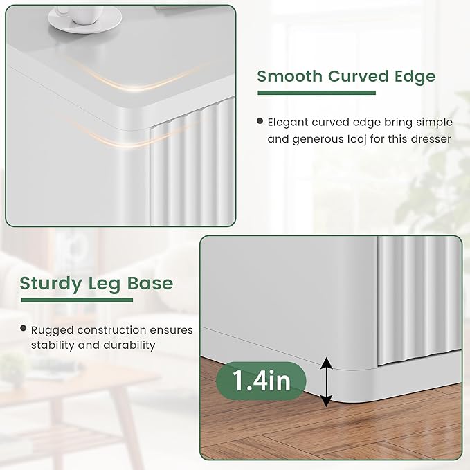 White 6 Drawers Double Dresser, Fluted Dresser for Bedroom, Modern Chest of Drawers with Handleless, Curved Profile Dressers TV Stand, Wood Storage Organizer for Living Room, Hallway