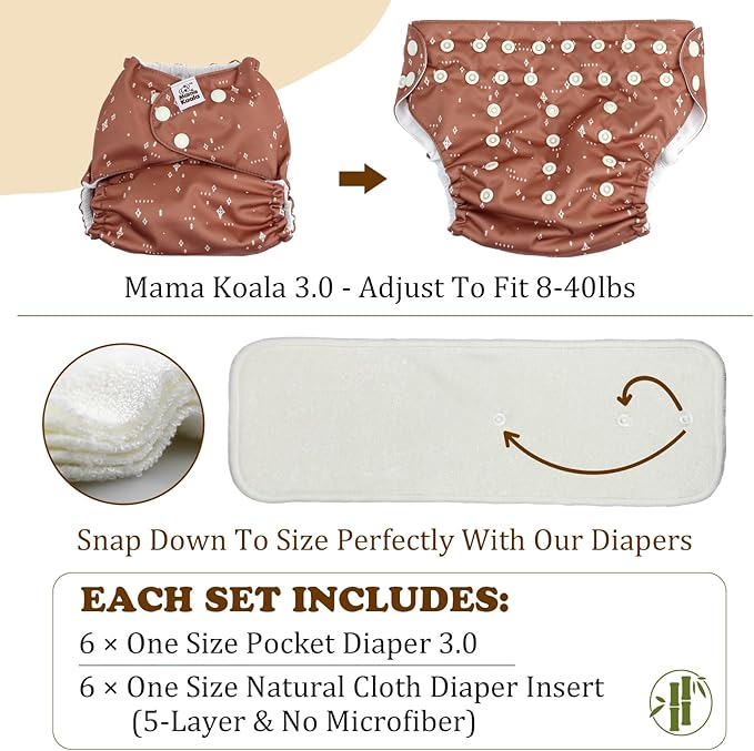 Mama Koala 3.0 Cloth Diapers for Babies with AWJ Lining, 6 Pack with 6 5-Layer Natural Cloth Diaper Inserts - Reusable and Washable Pocket Diapers(A-Flower Romance)