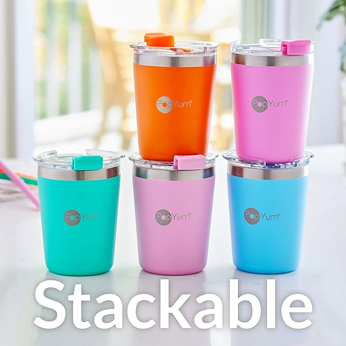 PopYum 9oz Insulated Stainless Steel Kids’ Cups with Lid and Straw, 2-Pack, Purple, Pink, stackable, sippy, baby, child, toddler, tumbler, double wall, vacuum, leak proof