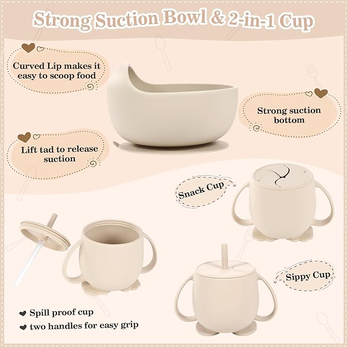 Silicone Baby Feeding Set 10 Pcs Baby Led Weaning Supplies Suction Bowl Divided Plate Baby Bibs Fruit Feeder Baby Spoons Forks Sippy Cup Toddler Utensil Sets Baby Essentials for Newborn Gift