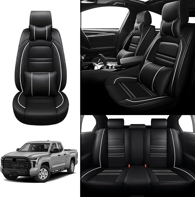 Car Seat Covers for Toyota Tundra 2000-2025 | 5-Seats Seat Covers, Waterproof Seat Protectors, Automotive Seat Covers (Full Set with Pillow,Black&White Line)