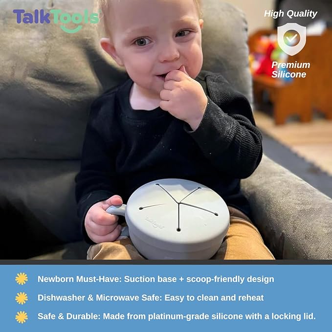 TalkTools Itsy Bowl with Locking Lid - Platinum grade silicone with Volume Lines, Curved Walls for Easy Scooping - for Babies, Toddlers, Children, and Elderly - Snack Cup Lid Accessory (Ocean)