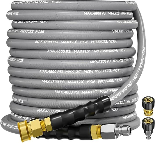 3/8" 4800PSI Pressure Washer Hose 50FT with Swivel Quick Connect for Cold/Hot Water Max 248°F, Kink Resistant Steel Wire Braided, Wear Resistant Power Washer Hose with M22 14mm Adapter