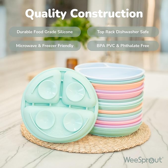 WeeSprout Suction Plates for Babies & Toddlers - 100% Silicone, Dinnerware Stays Put, Divided Design for Picky Eaters, Microwave & Dishwasher Friendly, 3 Pack (Matte Pink, Purple & Blush Pink)