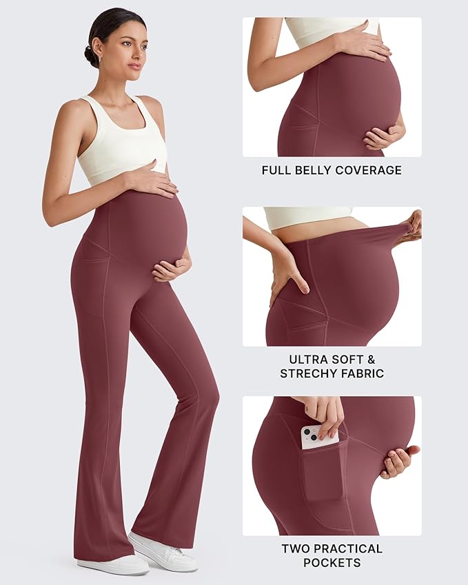 G4Free BareFeel Maternity Flare Leggings with Pockets Over The Belly Stretchy Casual Lounge Pregnancy Dress Pants for Work