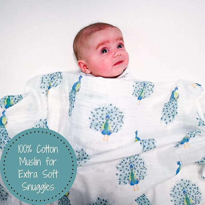 LollyBanks Baby Muslin Swaddle Blanket, Soft Baby Girl 47 x 47 Inches, Newborn Blanket for Girls, Registry (Peacock Print, Animal)