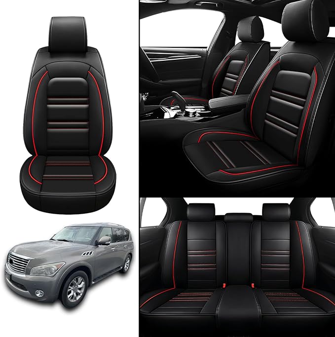 Seat Covers for Infiniti qx56 2004-2013 | 5-Seats Leather Seat Covers, Easy to Install Automotive Seat Covers Full Set (Full Set, Black&Red Line)