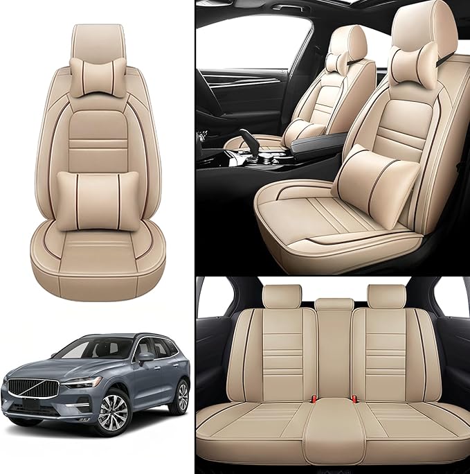 Car Seat Covers for Volvo Car xc60 2010-2025 | 5-Seats Seat Covers, Waterproof Seat Protectors, Automotive Seat Covers (Full Set with Pillow,Beige)