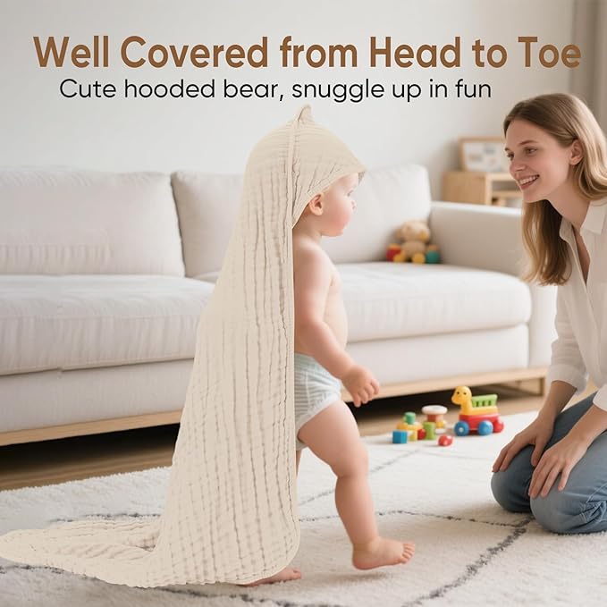 Muslin Hooded Baby Towels 100% Cotton ，Super Soft Muslin Baby Bath Towel - 32 x 32 Inches, Suitable for Newborn and Young Children up to 3 Years Old. (Beige & Green)