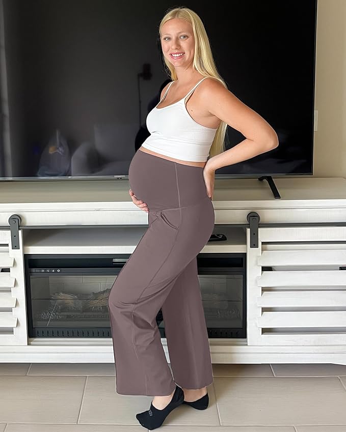 G4Free Maternity Dress Yoga Pants with Pockets Over The Belly Stretchy Work Slack Pregnancy Wide Leg Lounge Trousers