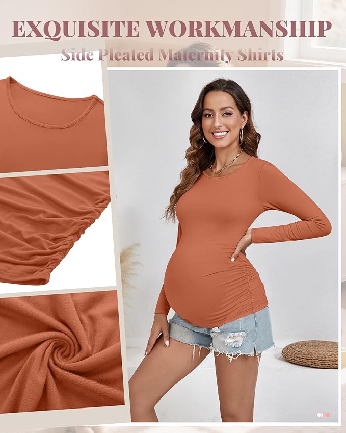 Ficerd 3 Pack Women's Maternity Shirts, Long Sleeve Side Ruched Pregnancy Tee Tops Crew Neck Casual Mama Clothes Basic Tunic