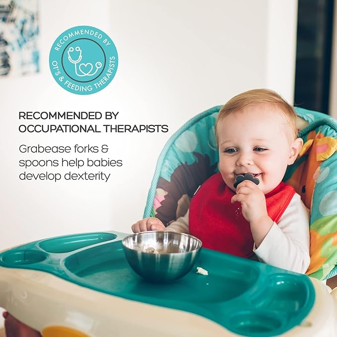 Grabease Baby Feeding Utensils - Anti-Choke Collar & Toddler Fork for Ages 1-3 - Easy-Grip Curved Handle Infant Spoon - Dishwasher-Safe Convenience & Baby Cutlery - Teal